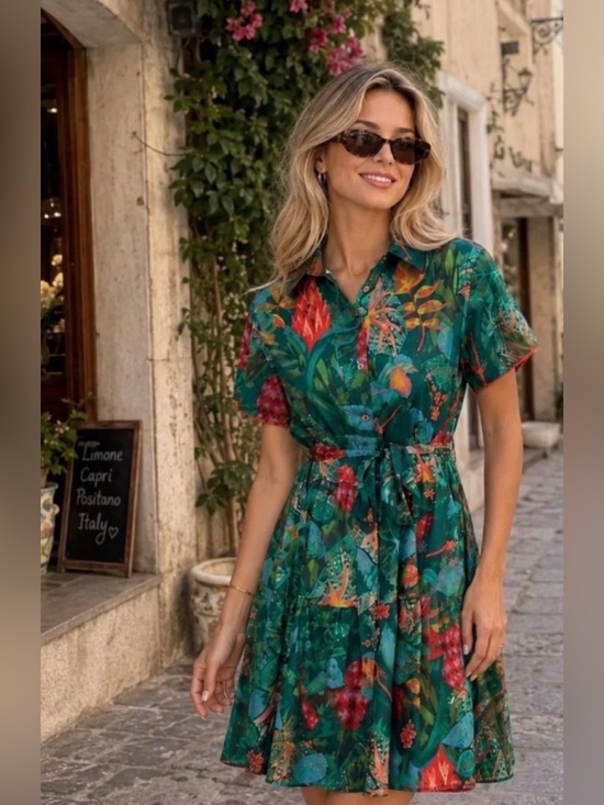Moda Posa Dresses & Skirts - Moda Posa Green Tropical Print Shirt Dress